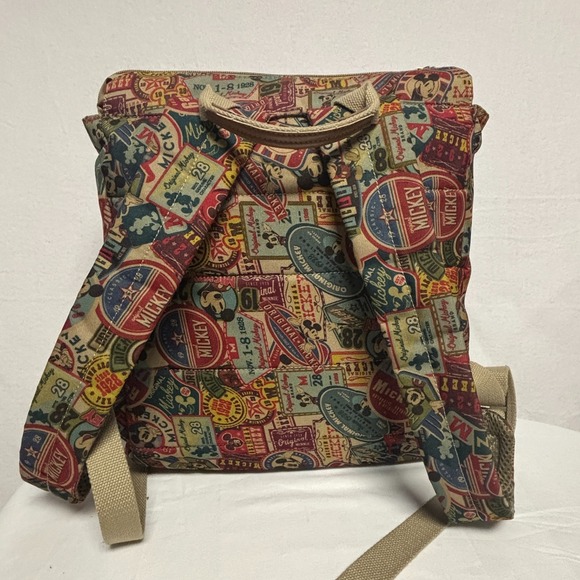 Disney Mickey Mouse Vintage Collage Backpack Brown Leather Accents - Picture 3 of 9